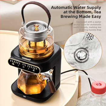 Plită electrică pentru ceai cu ceainic din sticlă, 1000–1500 W, capacitate sub 1 L, bază rotativă la 360°, funcție de menținere a temperaturii