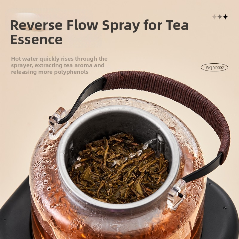 Elektrinė arbatos viryklė su stikline arbatos indeliu, 1000–1500 W, talpa iki 1 L, 360° pagrindas, šilumos išlaikymas