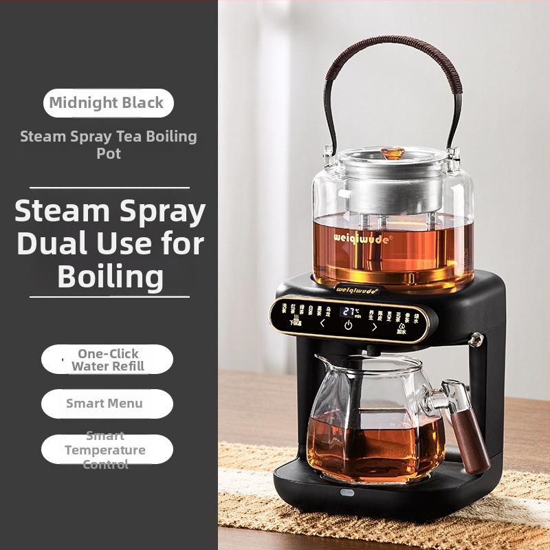 Plită electrică pentru ceai cu ceainic din sticlă, 1000–1500 W, capacitate sub 1 L, bază rotativă la 360°, funcție de menținere a temperaturii