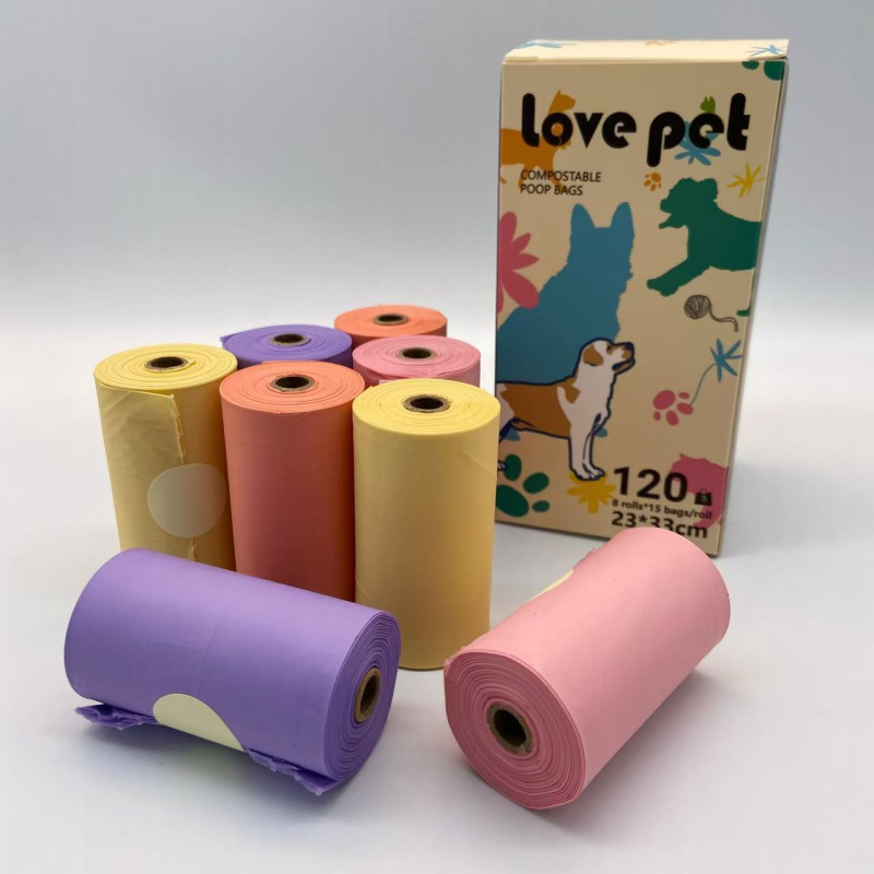Lovepet TÜV-tanúsítványú teljesen lebomló kisállati ürülék zacskók, folyamatos tekercs, vastag, PBAT + kukorica keményítő