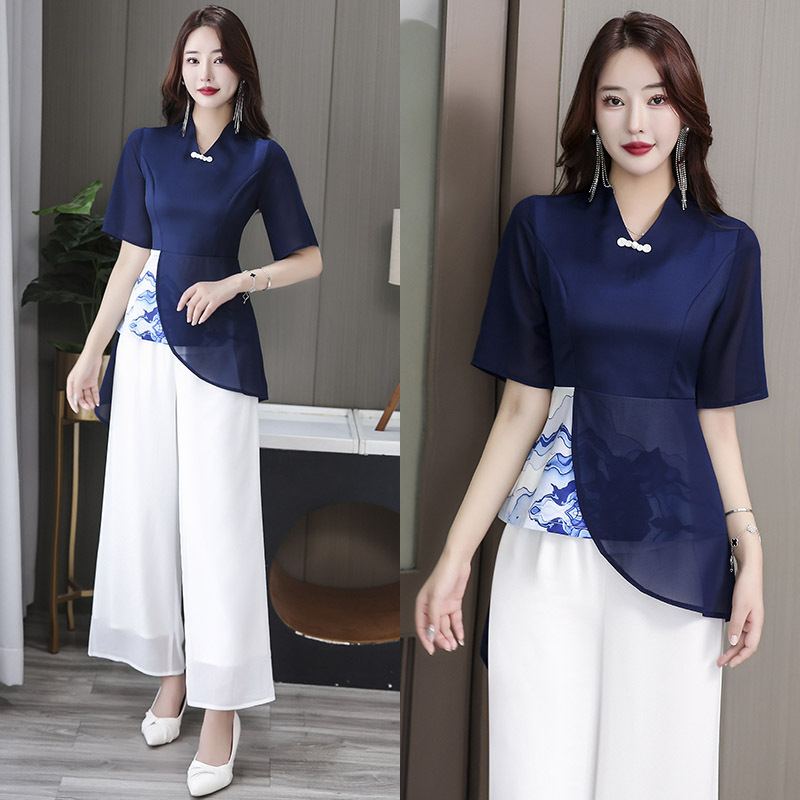 Dream Lizi Женски спа-терапевтичен костюм с широки панталони – V-образно деколте, половин ръкав, средна дължина 65–80 cm, 90–95% еластан със ацетатни влакна