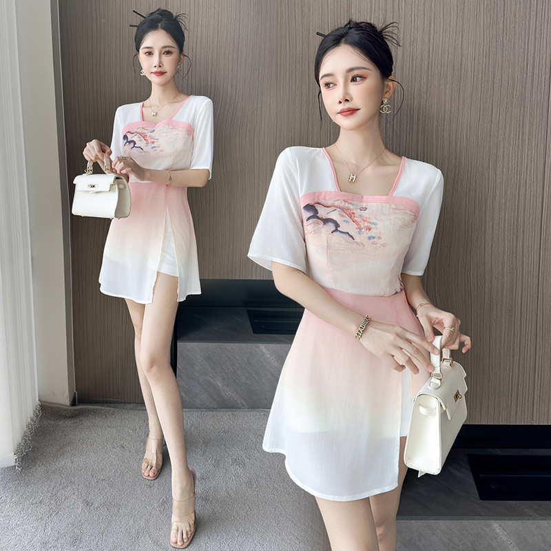 Униформа за козметичен салон за дами: шифонено облекло с принт, 80–90% полиестер, къс ръкав, квадратно деколте, панталони