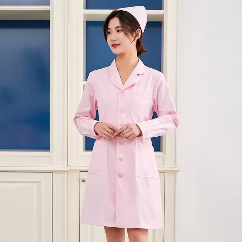 Halat medical pentru personal feminin, uniformă de asistentă de laborator, bumbac, material care evacuează umezeala, mâneci lungi, guler rotund