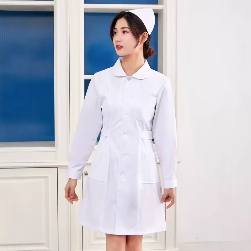 Halat medical pentru personal feminin, uniformă de asistentă de laborator, bumbac, material care evacuează umezeala, mâneci lungi, guler rotund