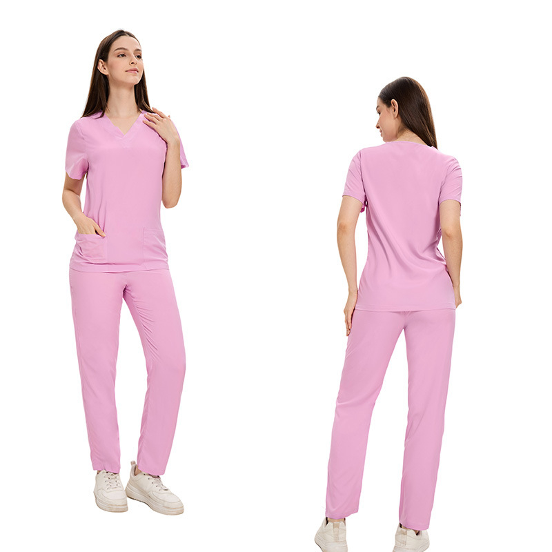 Унисекс медицински комплект за облекло — лек полиестер с еластан, влагоотвеждащ, V-образно деколте, къс ръкав топ и панталони, 95%+ полиестер, бързосъхнещ; подходящ за лято, пролет и есен.