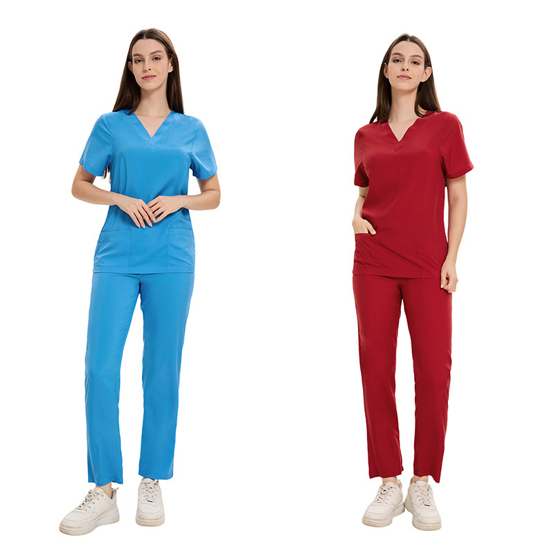 Унисекс медицински комплект за облекло — лек полиестер с еластан, влагоотвеждащ, V-образно деколте, къс ръкав топ и панталони, 95%+ полиестер, бързосъхнещ; подходящ за лято, пролет и есен.