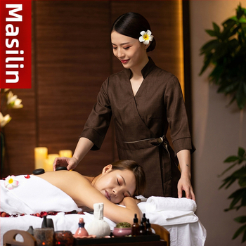 Dámska uniforma pre kozmetický salón – celoročné, odvádzajúca vlhkosť, konopno-bavlneno-linená zmes, dlhý rukáv, golier s klopou, oblekový štýl