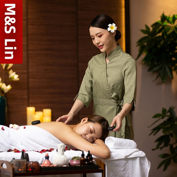 Dámska uniforma pre kozmetický salón – celoročné, odvádzajúca vlhkosť, konopno-bavlneno-linená zmes, dlhý rukáv, golier s klopou, oblekový štýl