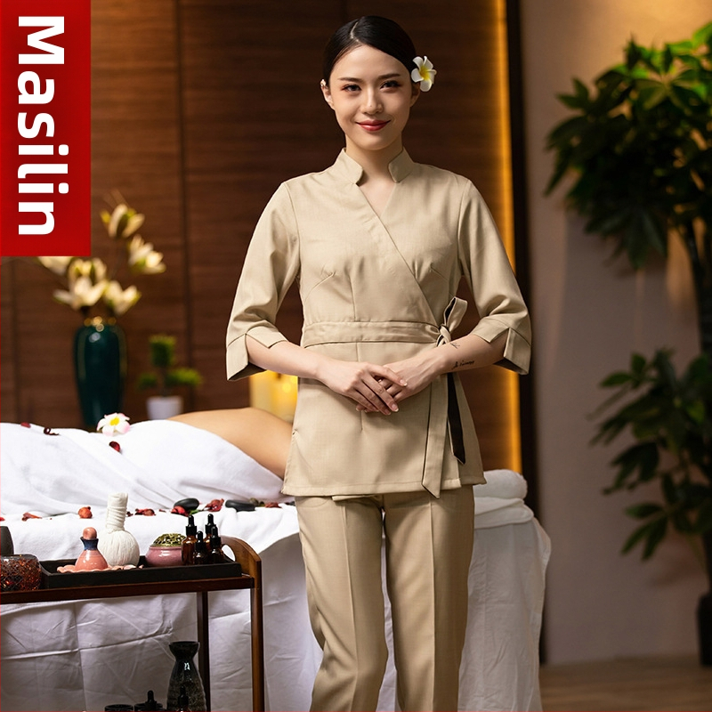 Dámska uniforma pre kozmetický salón – celoročné, odvádzajúca vlhkosť, konopno-bavlneno-linená zmes, dlhý rukáv, golier s klopou, oblekový štýl