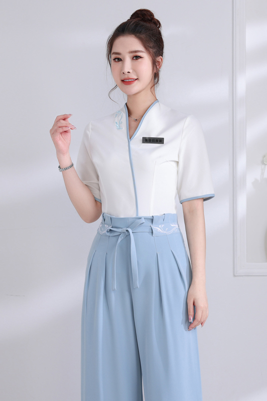 Комплект униформа за козметичка, влагоотвеждаща полиестерова материя, 75% полиестер съдържание, подходящ за всички сезони, модел JY-2073