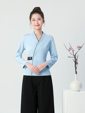 Дамска униформа за козметичен салон с дълги ръкави, влагоотвличаща материя, V-образно деколте, основна коприна tussah