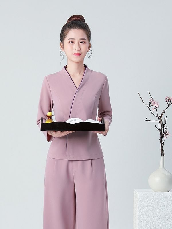 Дамска униформа за козметичен салон с дълги ръкави, влагоотвличаща материя, V-образно деколте, основна коприна tussah