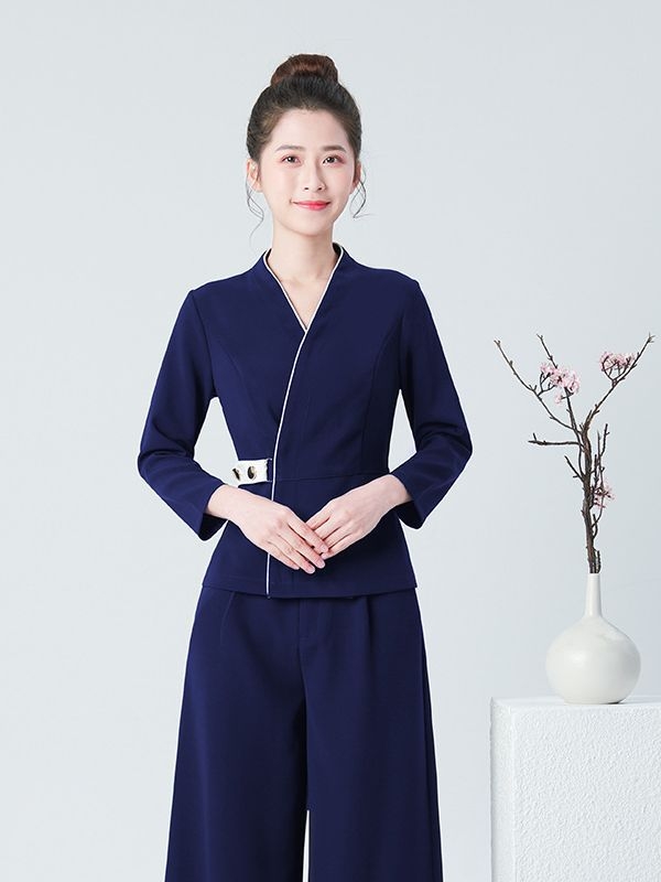 Дамска униформа за козметичен салон с дълги ръкави, влагоотвличаща материя, V-образно деколте, основна коприна tussah