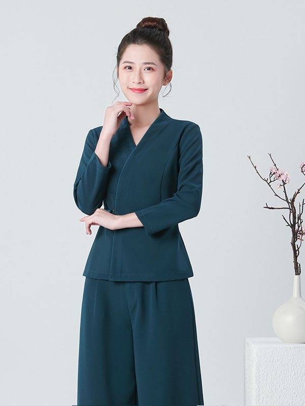 Дамска униформа за козметичен салон с дълги ръкави, влагоотвличаща материя, V-образно деколте, основна коприна tussah