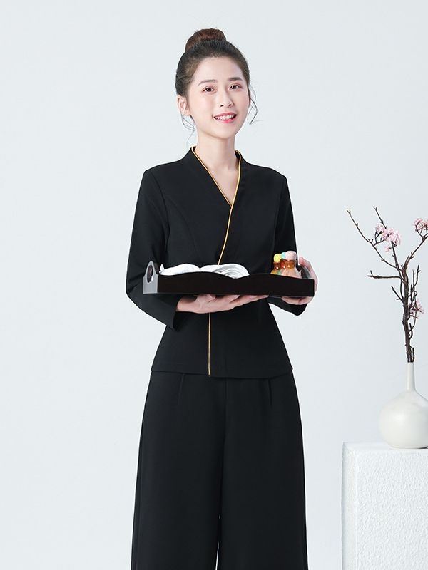 Дамска униформа за козметичен салон с дълги ръкави, влагоотвличаща материя, V-образно деколте, основна коприна tussah