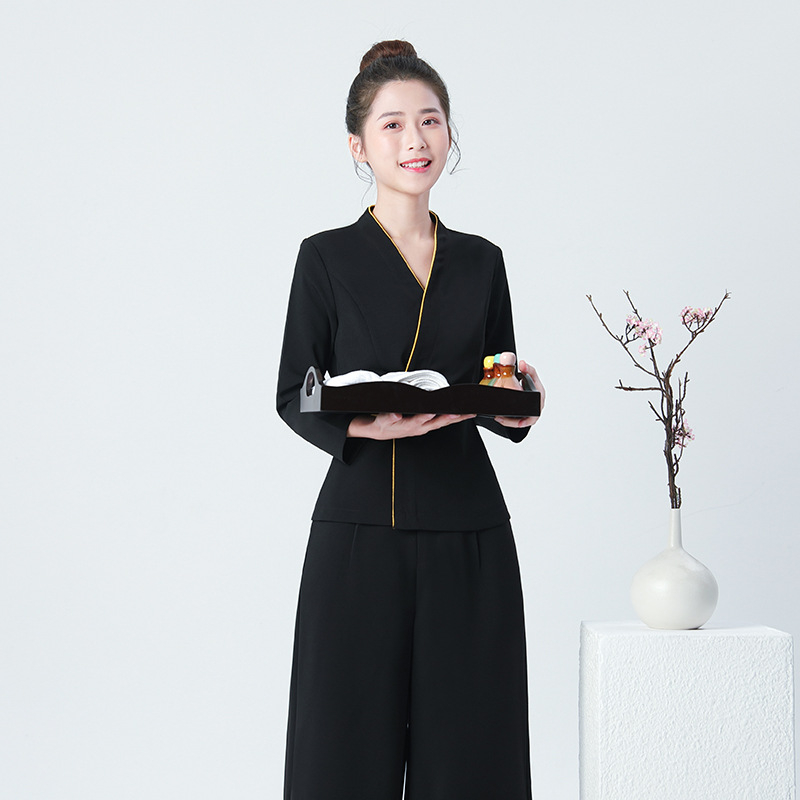 Дамска униформа за козметичен салон с дълги ръкави, влагоотвличаща материя, V-образно деколте, основна коприна tussah