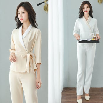 Женско работно облекло за козметичка с влагоотводяща материя — акрил + спандекс; ръкав 7/8; наклонена яка; сезон: зима–пролет–есен