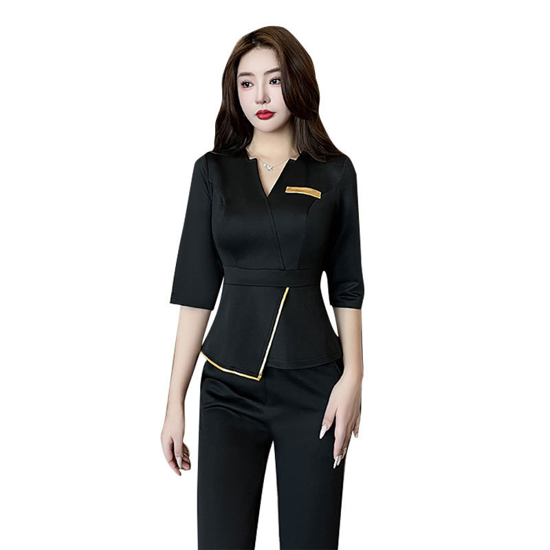 Униформа за техник по педикюр-спа за женски персонал, женски крой, влагоотводяща полиестер-еластанова смес, 3/4 ръкав, кръгла яка