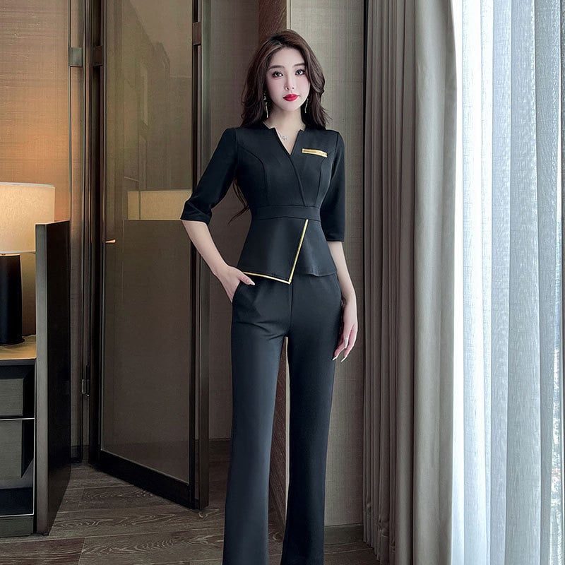 Униформа за техник по педикюр-спа за женски персонал, женски крой, влагоотводяща полиестер-еластанова смес, 3/4 ръкав, кръгла яка