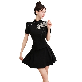 Vylepšené cheongsam šaty pre kadernícky salón, dámske, krátke rukávy, šikmý golier, polyester 50-70%, odvod vlhkosti, leto 2024