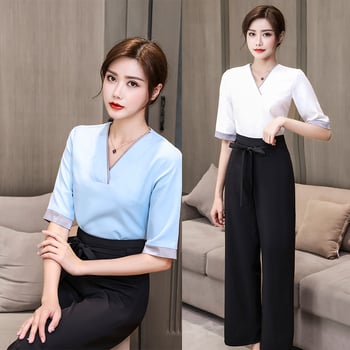 Costum de vară pentru salon de înfrumusețare – țesătură poliester cu absorbție a umezelii, sacou și pantaloni, 80% poliester în materialul principal și căptușeală, potrivit pentru spa și salon de înfrumusețare