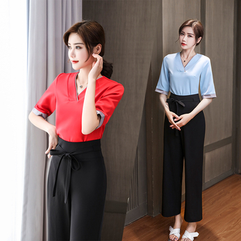 Costum de vară pentru salon de înfrumusețare – țesătură poliester cu absorbție a umezelii, sacou și pantaloni, 80% poliester în materialul principal și căptușeală, potrivit pentru spa și salon de înfrumusețare