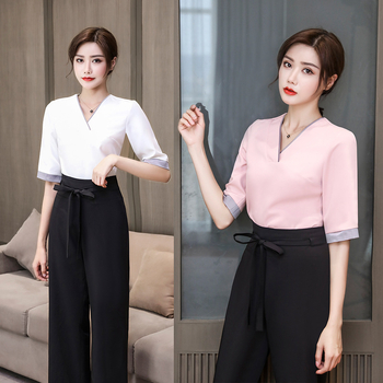 Costum de vară pentru salon de înfrumusețare – țesătură poliester cu absorbție a umezelii, sacou și pantaloni, 80% poliester în materialul principal și căptușeală, potrivit pentru spa și salon de înfrumusețare