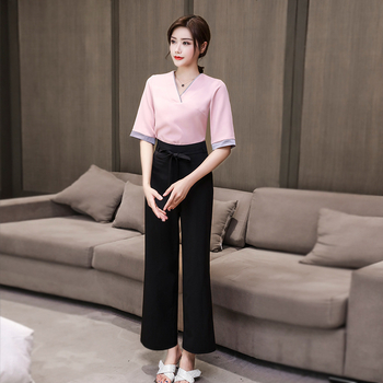 Costum de vară pentru salon de înfrumusețare – țesătură poliester cu absorbție a umezelii, sacou și pantaloni, 80% poliester în materialul principal și căptușeală, potrivit pentru spa și salon de înfrumusețare