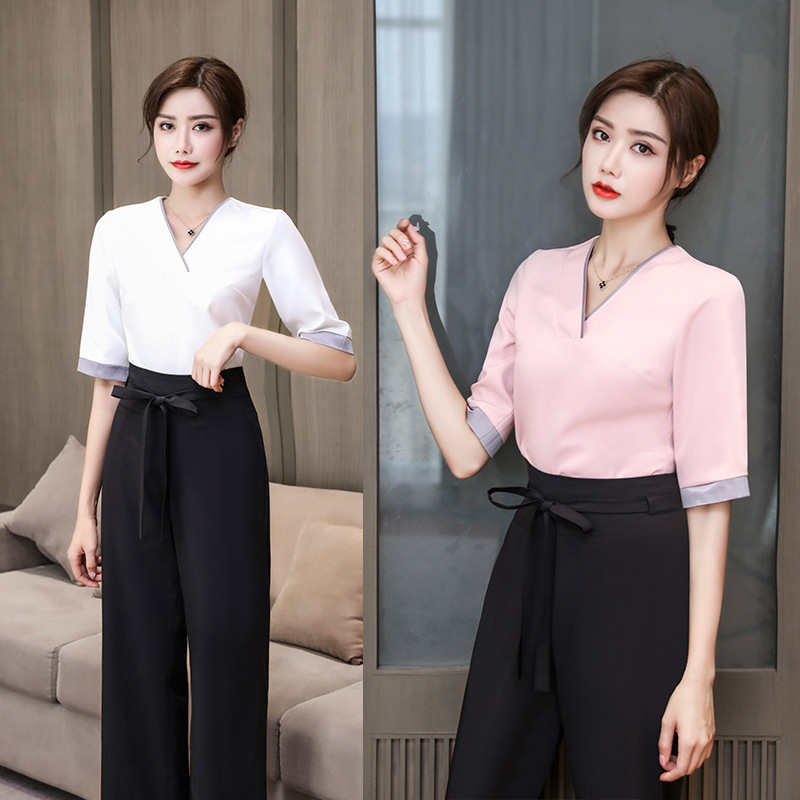 Costum de vară pentru salon de înfrumusețare – țesătură poliester cu absorbție a umezelii, sacou și pantaloni, 80% poliester în materialul principal și căptușeală, potrivit pentru spa și salon de înfrumusețare