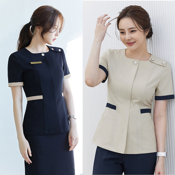 Dámske zdravotné oblečenie pre kozmetický salón — materiál polyester-spandex s odvádzaním vlhkosti, krátke rukávy, kruhový výstrih, nohavice