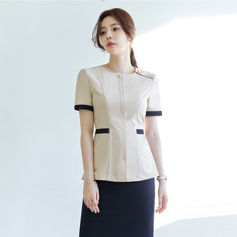 Dámske zdravotné oblečenie pre kozmetický salón — materiál polyester-spandex s odvádzaním vlhkosti, krátke rukávy, kruhový výstrih, nohavice