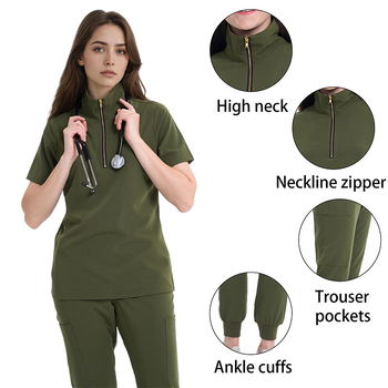 Sada odevov pre ženy s vysokým golierom, odvádza vlhkosť a rýchlo uschne, polyester-elastan (72%/7%), pre nemocnice, stomatológiu a kozmetické salóny