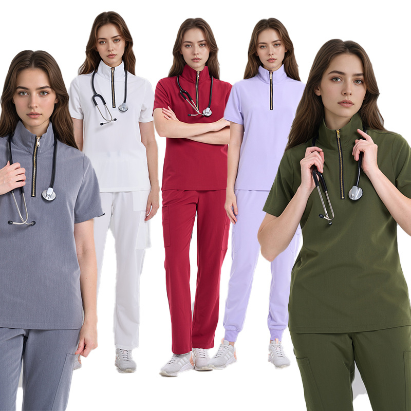 Sada odevov pre ženy s vysokým golierom, odvádza vlhkosť a rýchlo uschne, polyester-elastan (72%/7%), pre nemocnice, stomatológiu a kozmetické salóny