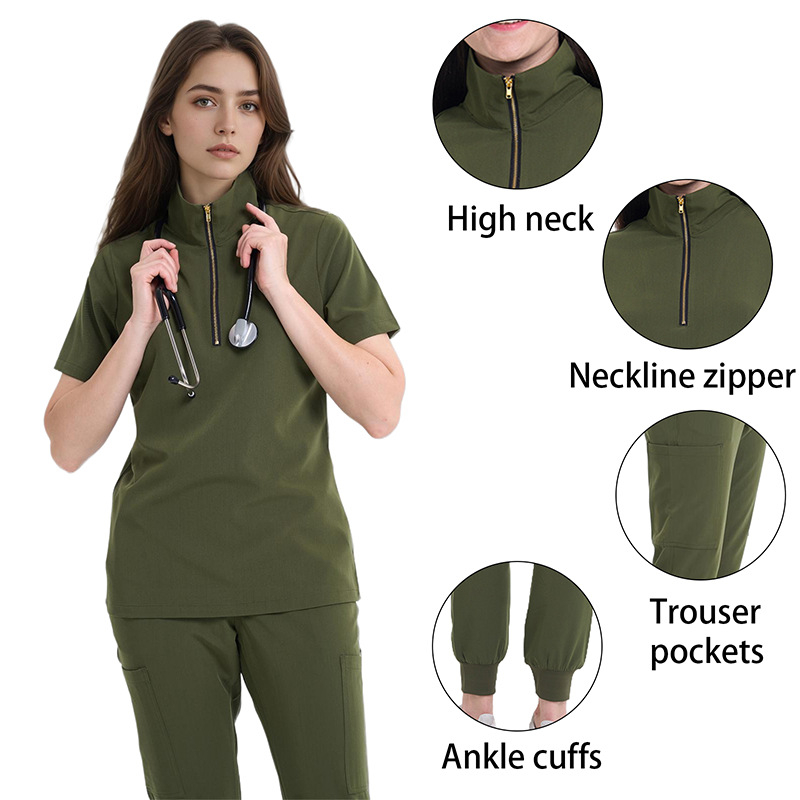 Sada odevov pre ženy s vysokým golierom, odvádza vlhkosť a rýchlo uschne, polyester-elastan (72%/7%), pre nemocnice, stomatológiu a kozmetické salóny