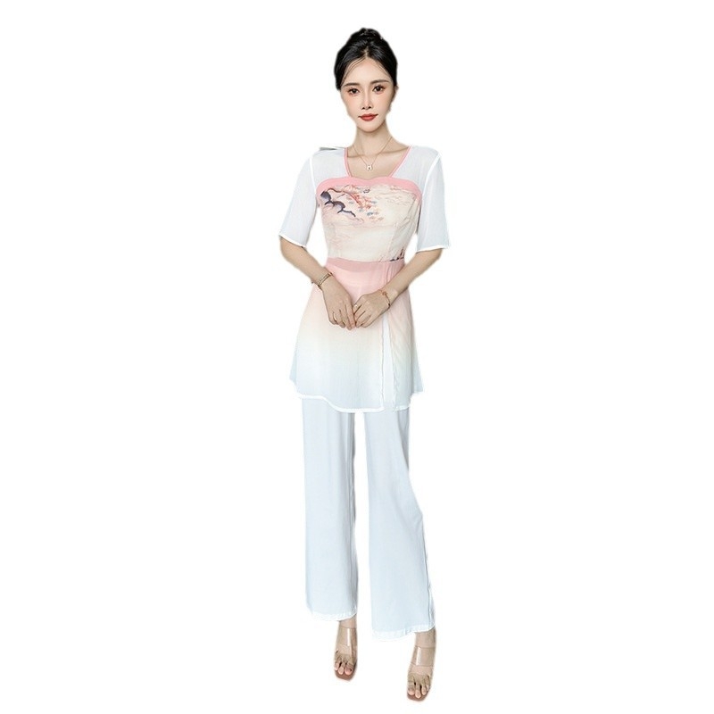 Униформа за козметичен салон за жени: шифонов принт, есен-зима, за педикюрист и масажист, квадратно деколте, 3/4 ръкав, полиестер 80–90%