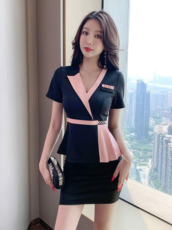 Женска униформа за козметичен салон: тънък силует, къс ръкав, полиестер влагоотвеждащ, V-образно деколте, средна дължина (65-80 см)