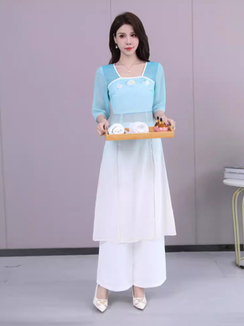 Uniforma za kozmetičku tehničarku – kratki rukav, mandarin ovratnik, kostim stil, 70/30 poliester šifon mješavina, za osoblje spa i hotela