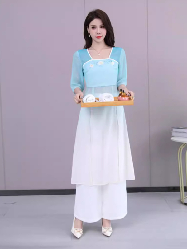 Uniforma za kozmetičku tehničarku – kratki rukav, mandarin ovratnik, kostim stil, 70/30 poliester šifon mješavina, za osoblje spa i hotela