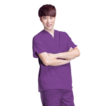 Унисекс медицински скраб топ с къс ръкав, V-образно деколте, влагоотводяща полиестер-памучна смес 65%