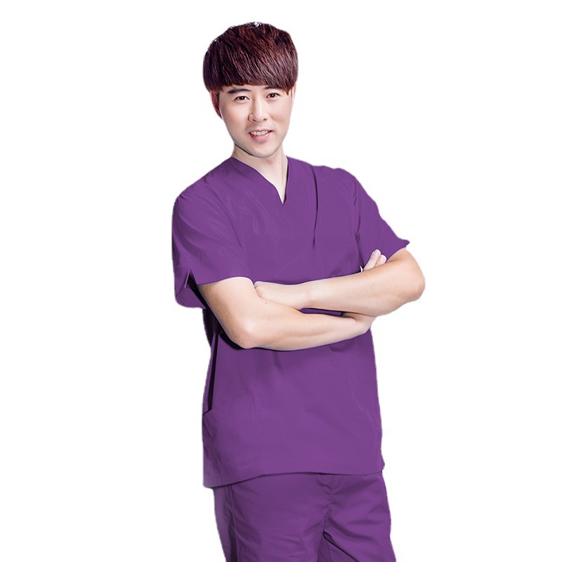 Унисекс медицински скраб топ с къс ръкав, V-образно деколте, влагоотводяща полиестер-памучна смес 65%