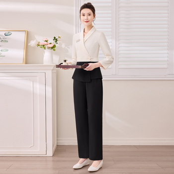 Униформа за женски салон за красота – дишаща материя, 95% полиестер със спандекс, есен-зима, разделен костюм, V-образна яка, дълги ръкави