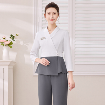 Униформа за женски салон за красота – дишаща материя, 95% полиестер със спандекс, есен-зима, разделен костюм, V-образна яка, дълги ръкави