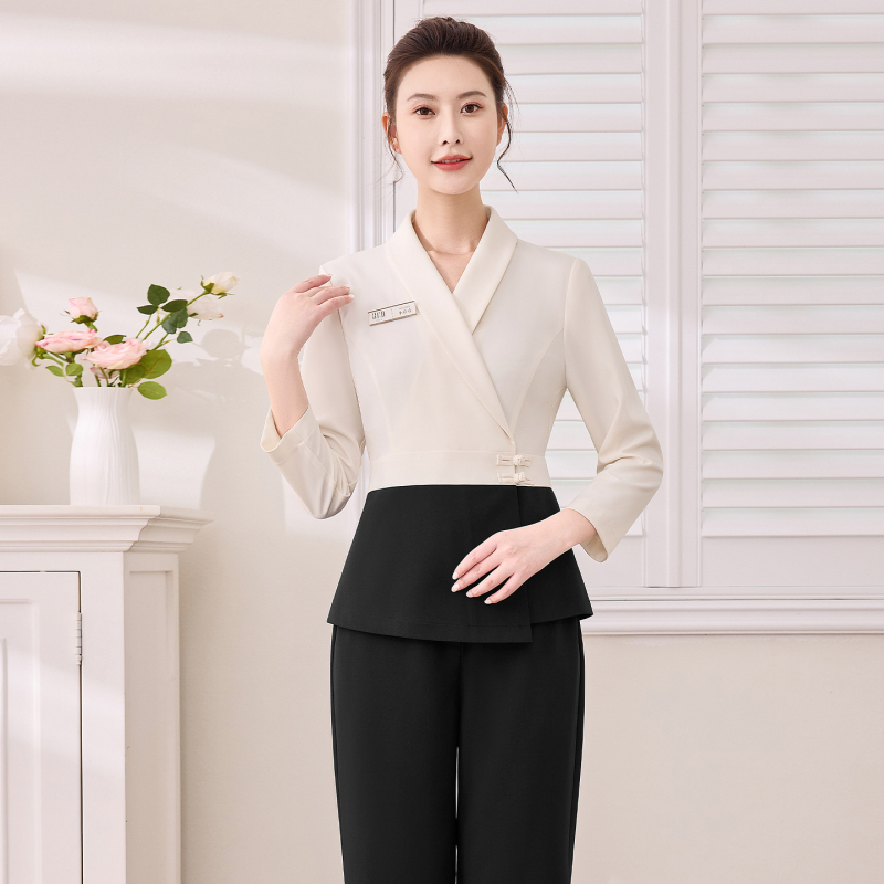 Униформа за женски салон за красота – дишаща материя, 95% полиестер със спандекс, есен-зима, разделен костюм, V-образна яка, дълги ръкави