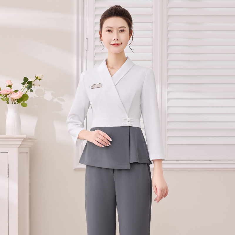 Униформа за женски салон за красота – дишаща материя, 95% полиестер със спандекс, есен-зима, разделен костюм, V-образна яка, дълги ръкави