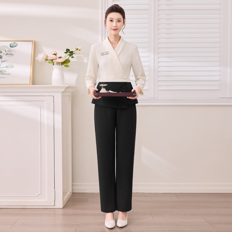 Униформа за женски салон за красота – дишаща материя, 95% полиестер със спандекс, есен-зима, разделен костюм, V-образна яка, дълги ръкави