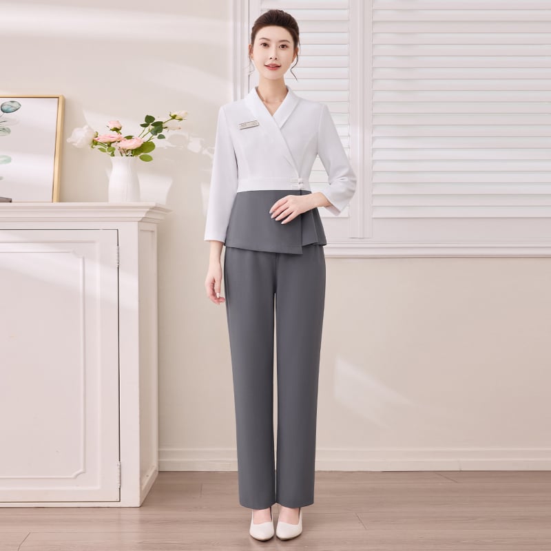 Униформа за женски салон за красота – дишаща материя, 95% полиестер със спандекс, есен-зима, разделен костюм, V-образна яка, дълги ръкави