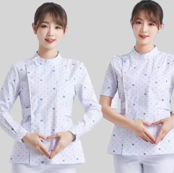 Двухкомпонентен комплект униформа за медицински сестри – женски, медицински персонал, полиестерно-памучна материя 50–70% полиестер, 30–50% памук, къс ръкав, стояща яка, дължина 50–65 см, за всички сезони