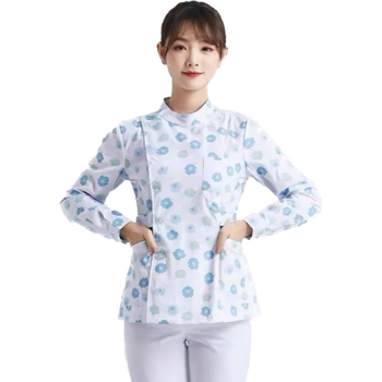 Двухкомпонентен комплект униформа за медицински сестри – женски, медицински персонал, полиестерно-памучна материя 50–70% полиестер, 30–50% памук, къс ръкав, стояща яка, дължина 50–65 см, за всички сезони