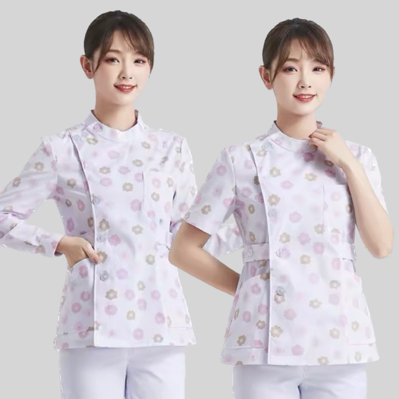 Двухкомпонентен комплект униформа за медицински сестри – женски, медицински персонал, полиестерно-памучна материя 50–70% полиестер, 30–50% памук, къс ръкав, стояща яка, дължина 50–65 см, за всички сезони