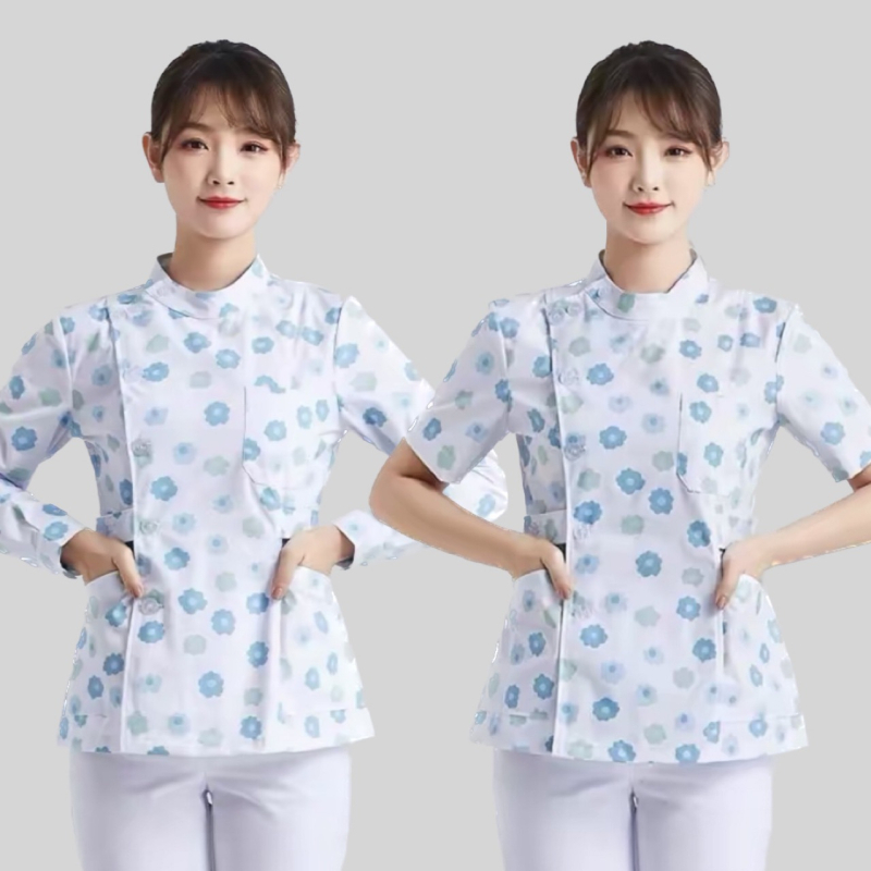 Двухкомпонентен комплект униформа за медицински сестри – женски, медицински персонал, полиестерно-памучна материя 50–70% полиестер, 30–50% памук, къс ръкав, стояща яка, дължина 50–65 см, за всички сезони